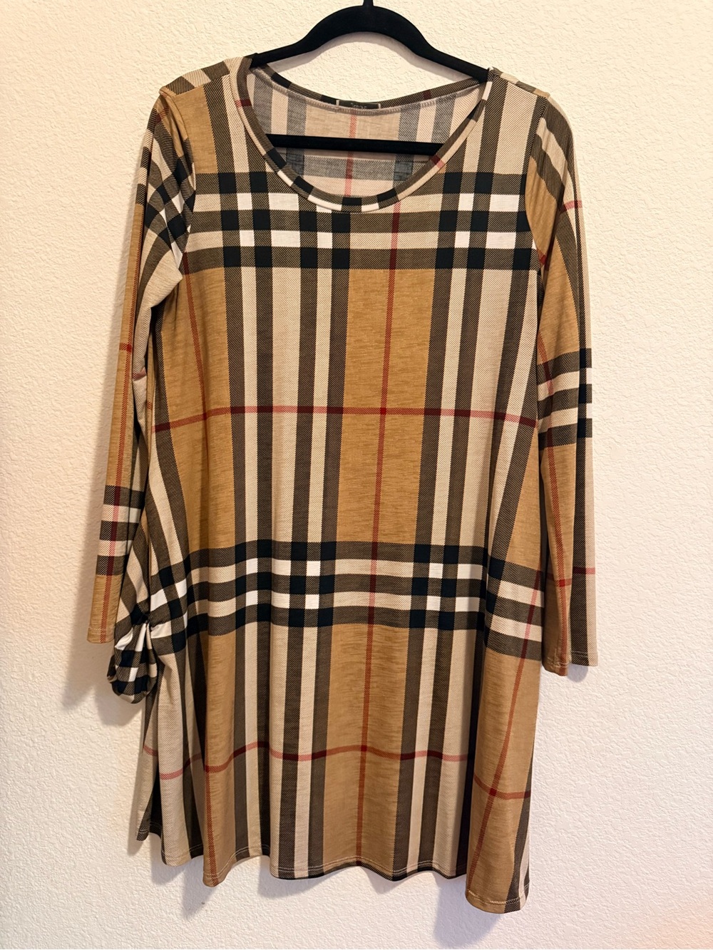 JODIFL Camel Plaid Long Sleeve A-Line Dress
